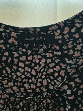 Ellen Tracy Black Blouse with Pink and Cream Spot Print